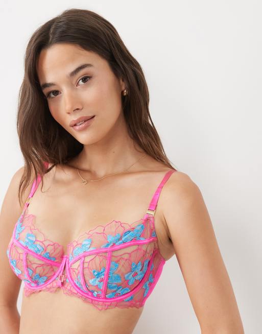 Ann Summers soutien-gorge balconnet à broderie florale pour poitrine généreuse, sans rembourrage, rose vif, 2 de 4