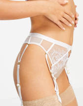 Ann Summers Superb sheer floral embroidered mesh high waist thong with removeable suspenders in white