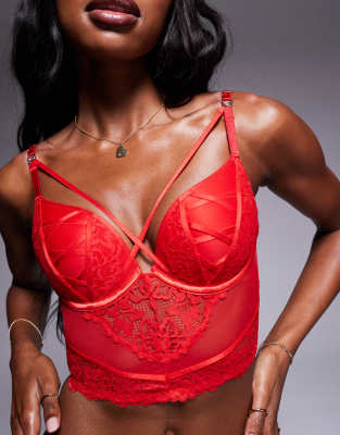 Ann Summers Sweet Surrender Padded Plunge Corset Lace And Mesh Bra In Red