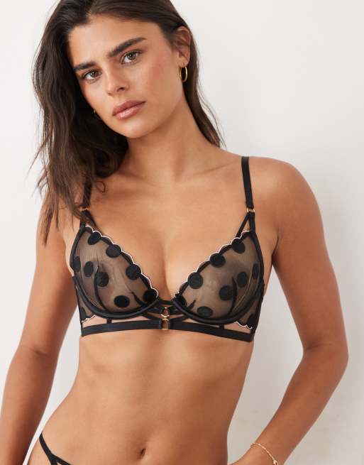 Ann Summers Sweetest Spot bestickter ungepolsterter Plunge-BH mit Bogenkantendetail in Schwarz, 4 von 4