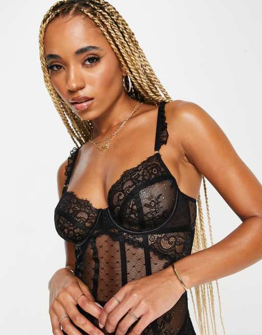 Ann Summers - Sweetheart - Body in pizzo e rete a pois nero con ferretto e finiture in pizzo, 4 di 4