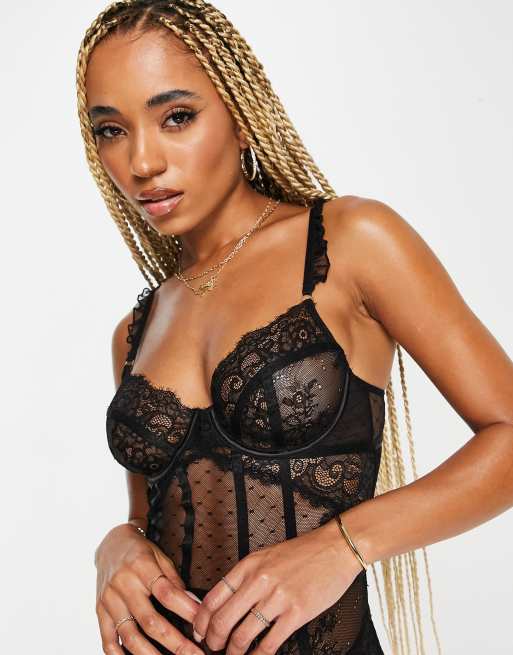 Black Satin Lace Detail Strappy Thong Bodysuit