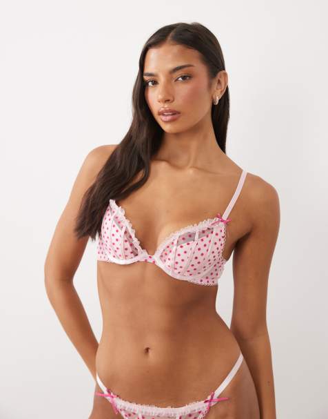 Ann Summers Tease and Trouble reggiseno imbottito con scollo profondo e stampa flocked spot rosa chiaro - view 1