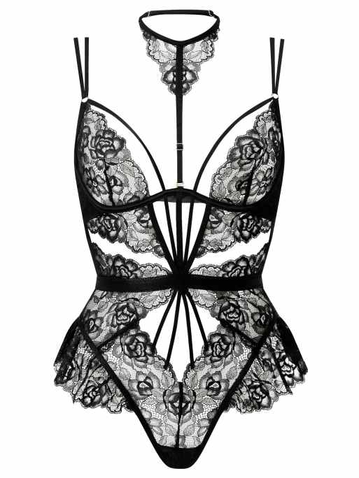 Ann Summers Tease me twice lace crotchless teddy lingerie in black, 3 of 4