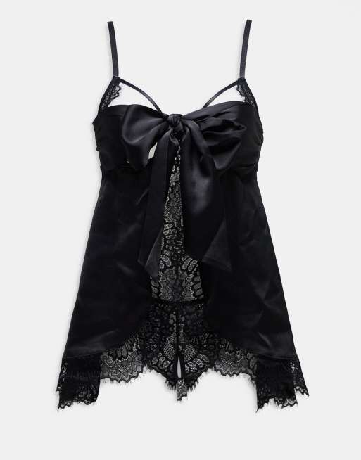 Ann Summers Unwrap Me babydoll set with ouvert lingerie thong in black