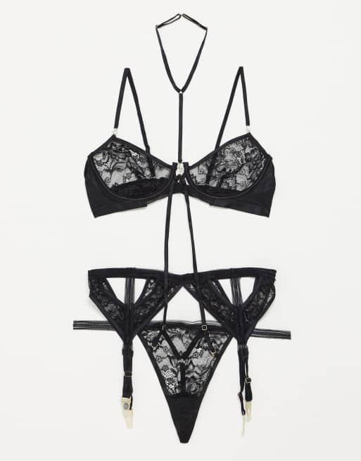 Ann Summers - Uptown Girl - Ensemble dentelle 3 pièces soutien-gorge à armature en V, string et porte-jarretelles - Noir
