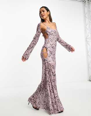 Annorlunda Annorlunda barb wire floral asymmetric fluted sleeve midaxi dress in pink