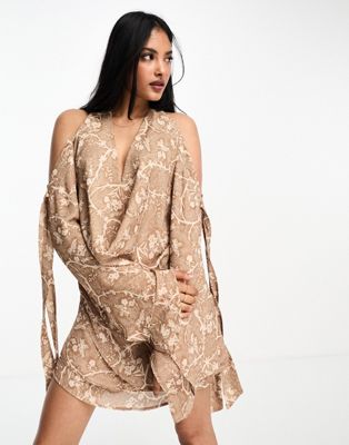 barb wire floral plunge mini dress in taupe-Neutral