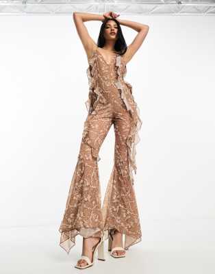 Annorlunda Annorlunda barb wire floral ruffle detailed catsuit in taupe-Neutral