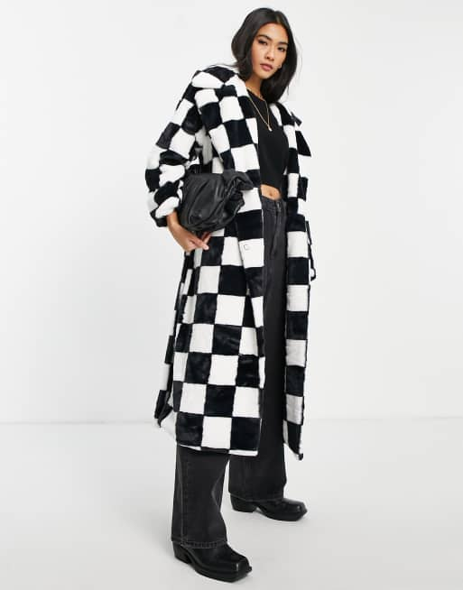 Checkered fur outlet coat