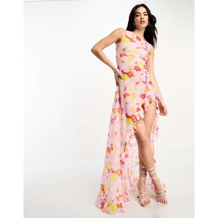 Annorlunda Blurred Acid Floral Print Sheer Chiffon Maxi Dress