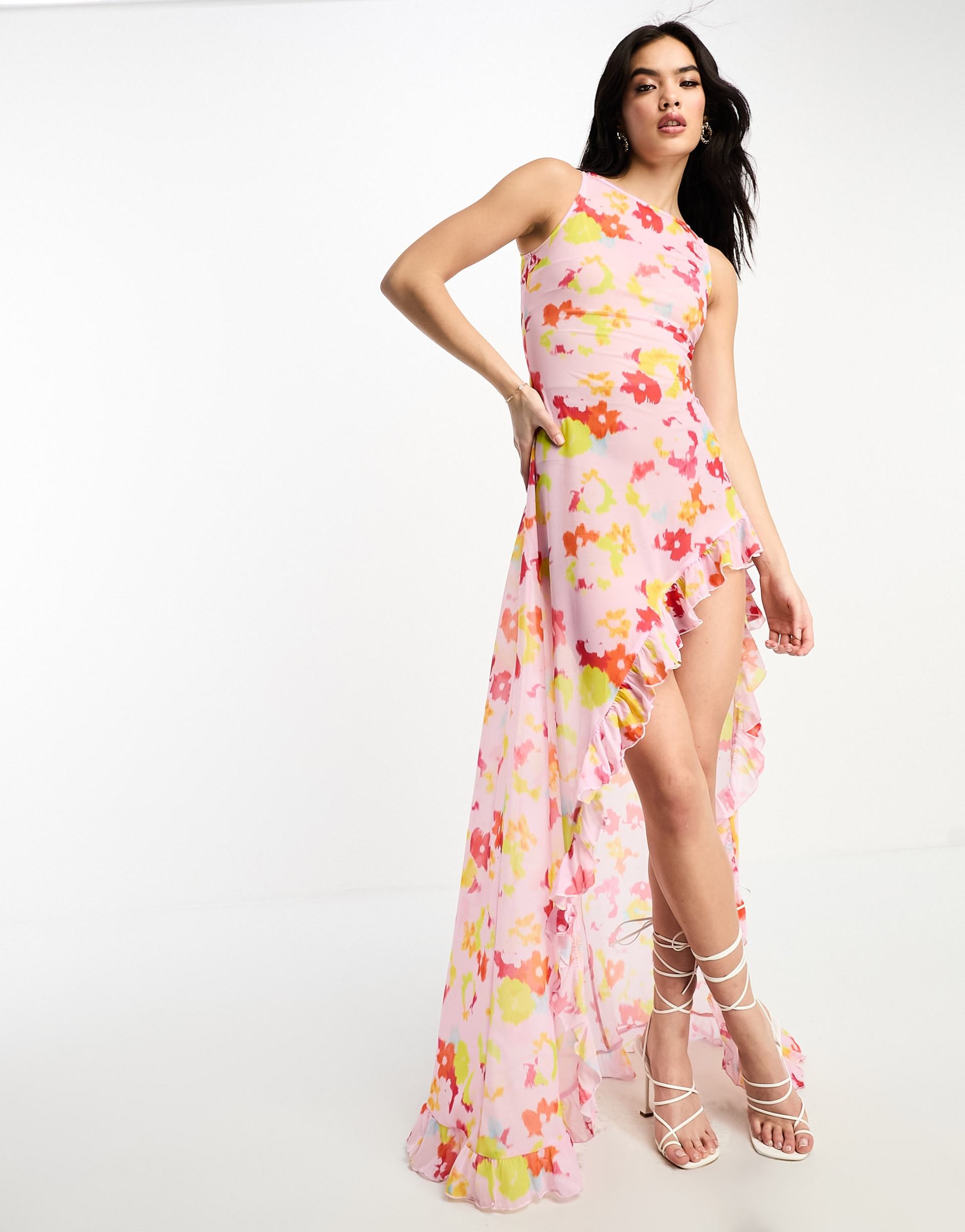 annorlunda blurred acid floral print sheer chiffon maxi dress in pale pink