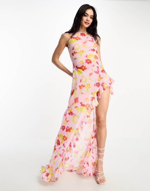 Annorlunda blurred acid floral print sheer chiffon maxi dress in pale pink