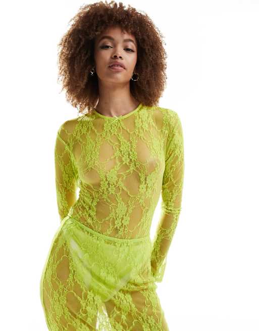 Annorlunda - Bodysuit van kant met strikdetail in limoengroen, deel van co-ord set, 3 van 4