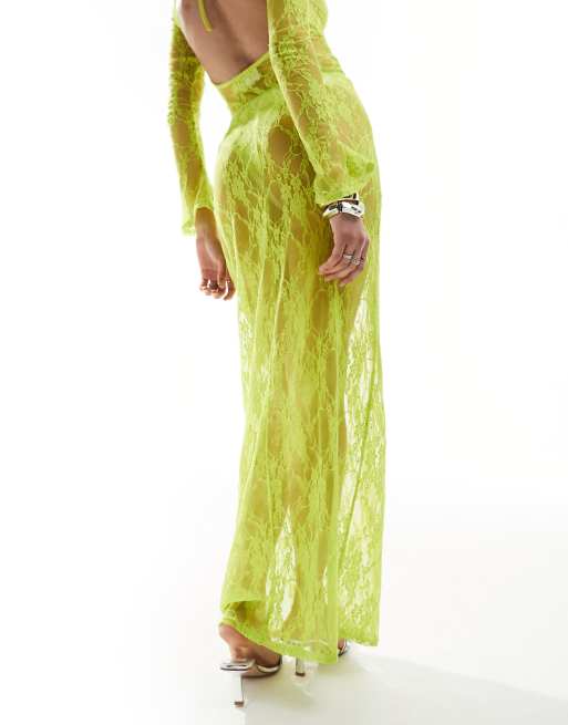 Annorlunda bow detail maxi skirt in lime green part of a set