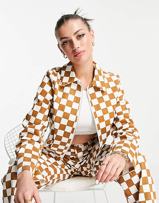 Annorlunda boxy zip front jacket in checkerboard print co-ord