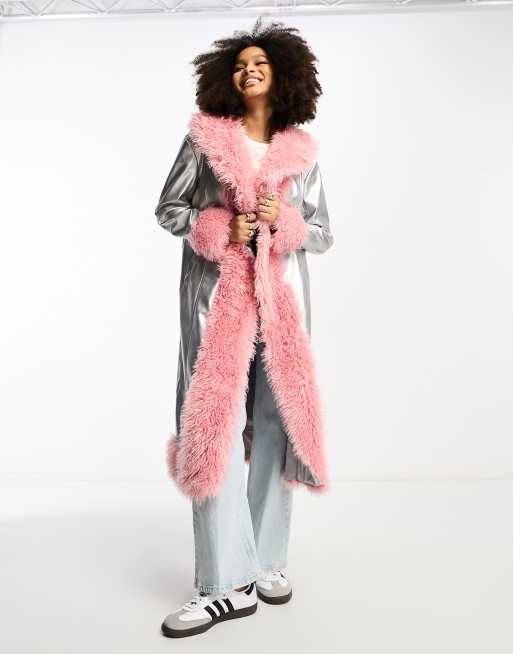 Annorlunda - Cappotto color argento metallizzato con pelliccia sintetica rosa