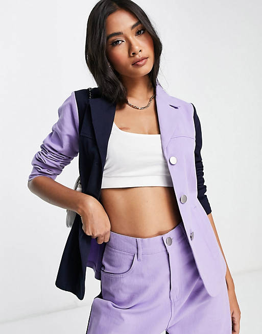 Women Annorlunda co-ord contrast panel blazer in navy and violet 