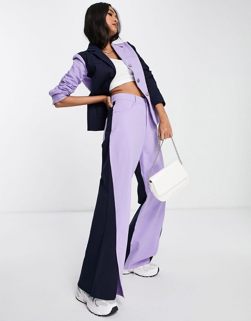 Annorlunda contrast panel wide leg pants in navy and violet - part of a set-Multi