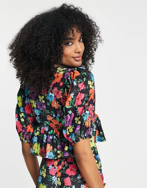Annorlunda - Cropped bluse med multifarvet blomstermønster og pufærmer - Del af sæt, 2 af 4