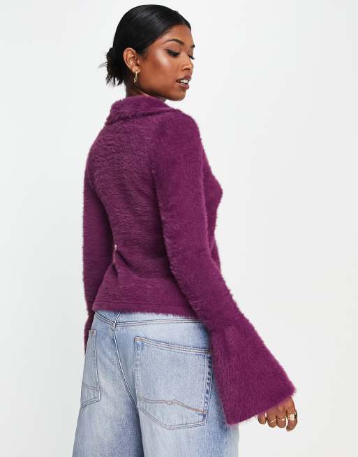 Annorlunda eyelash knit fluffy cardigan in purple