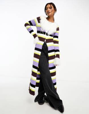 Annorlunda Annorlunda faux fur edged stripe longline cardigan in multi