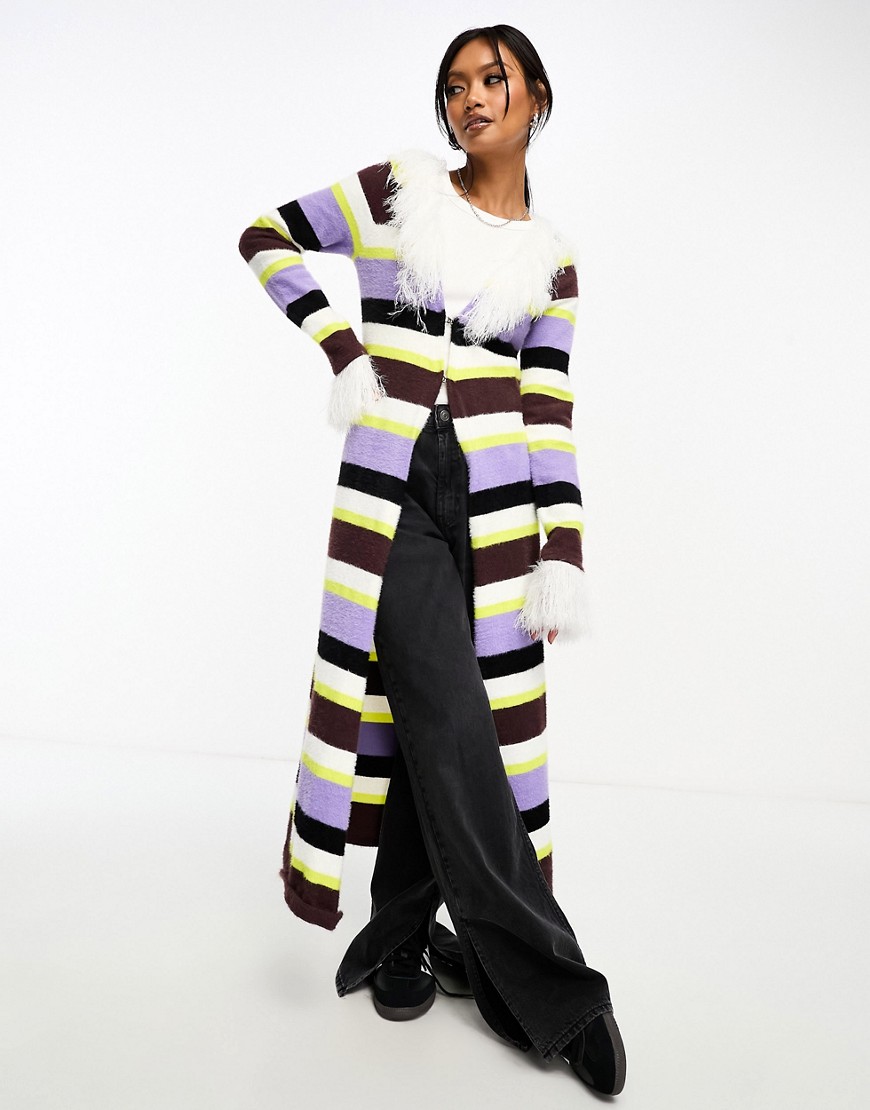 Annorlunda Faux Fur Edged Stripe Longline Cardigan In Multi