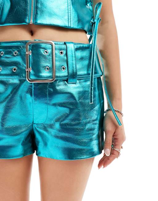 Annorlunda faux leather metallic buckle detail shorts in blue ASOS