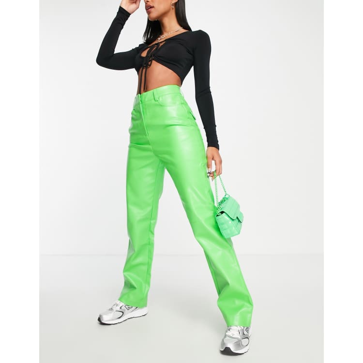 Neon PU Leather Stretchy Lime Green Tights With Split Bottoms And