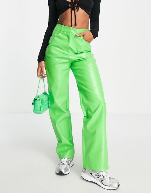 Neon PU Leather Stretchy Lime Green Tights With Split Bottoms And