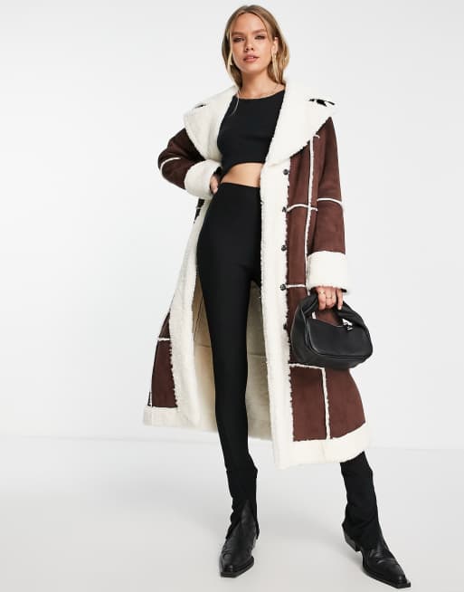 Annorlunda faux shearling maxi coat in dark chocolate