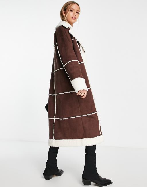 Annorlunda faux shearling maxi coat in dark chocolate