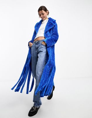 Annorlunda fluffy oversized curved collar tassel edge coat in cobalt blue - ASOS Price Checker