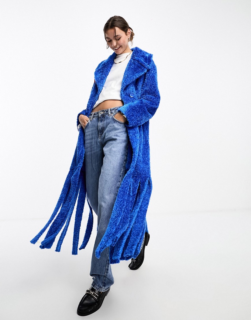 Annorlunda Fluffy Oversized Curved Collar Tassel Edge Coat In Cobalt Blue