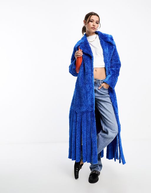 Annorlunda fluffy oversized curved collar tassel edge coat in cobalt blue, 4 of 4