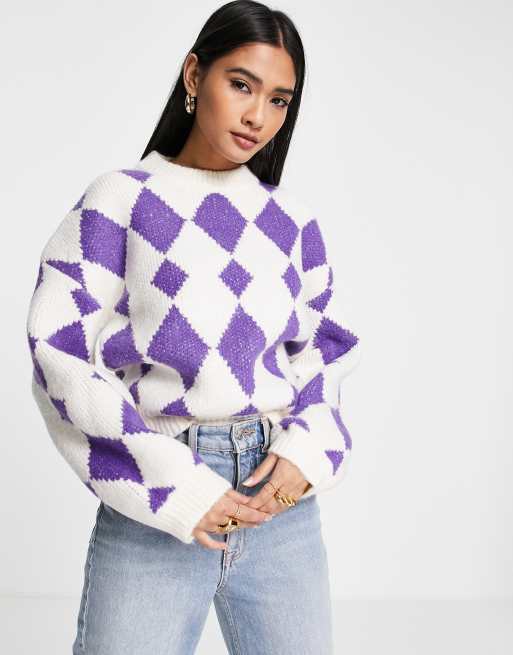 Annorlunda high neck boxy knitted jumper in lilac argyle
