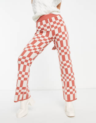 Annorlunda High Waist Flared Pants In Pink Check - Part Of A Set-multi In Multi