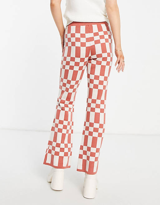  Annorlunda high waisted flare trousers in pink check co-ord 