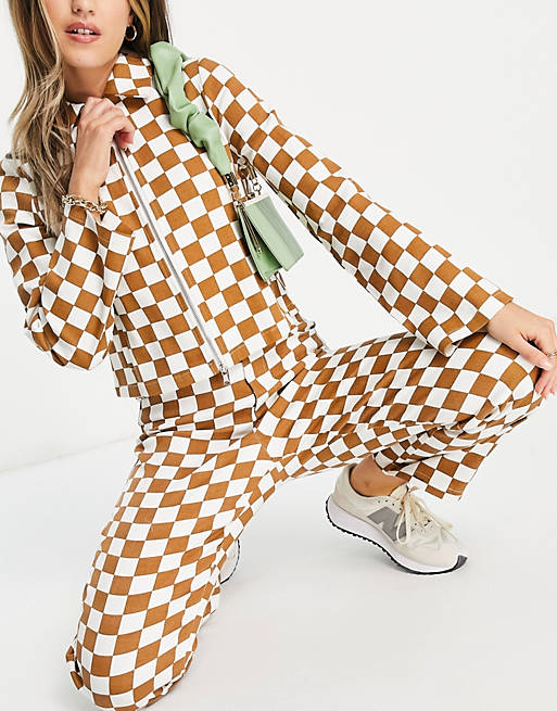  Annorlunda high waisted wide leg trousers in checkerboard print co-ord 