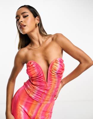 Annorlunda Holographic Ruched Corset In Coral Ombre-orange