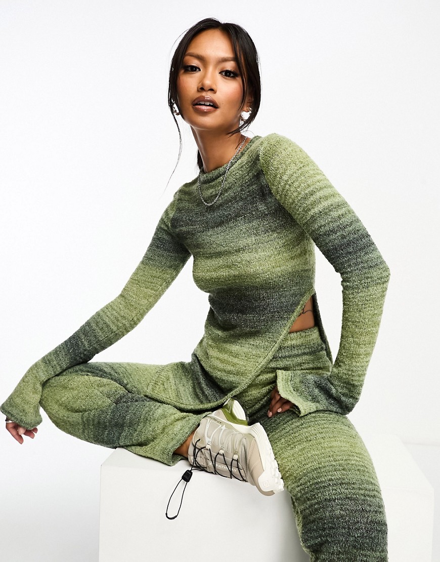 Annorlunda knitted asymmetric top with flare sleeves in olive stripe ombre co-ord-Green