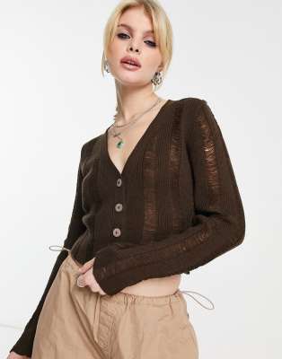 Annorlunda laddered fine gauge cardigan in hot chocolate