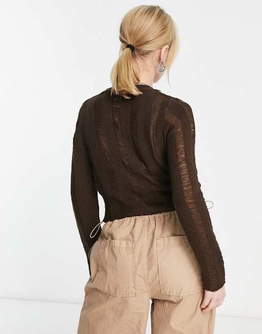 Annorlunda laddered fine gauge cardigan in hot chocolate ASOS