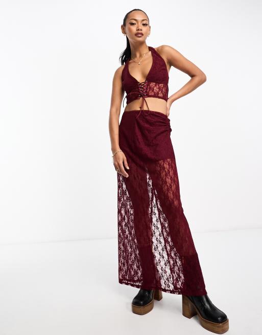 Annorlunda lattice detail midaxi skirt in burgundy floral lace co-ord