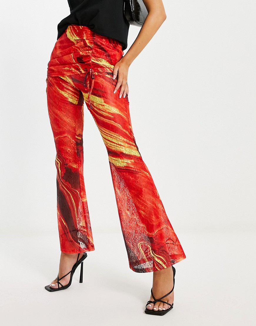 Annorlunda Lava Print Lace Skirt Overlay Pants In Multi-orange