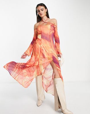 Annorlunda Lava Print Mesh Circle Trim Maxi Dress In Multi-orange