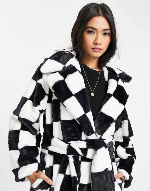 Annorlunda - Manteau long à ceinture en fausse fourrure à damier, 2 de 4