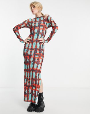 Annorlunda Mesh Tie Dye Check Print Cut-out Detail Maxi Dress In Multi