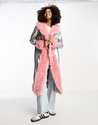 Annorlunda metallic faux shearling edged coat in silver and pink
