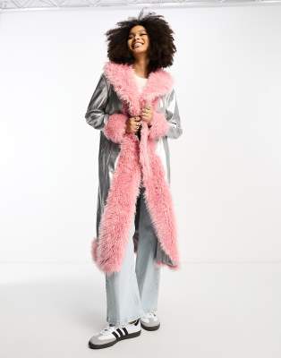 Annorlunda metallic faux shearling edged coat in silver and pink